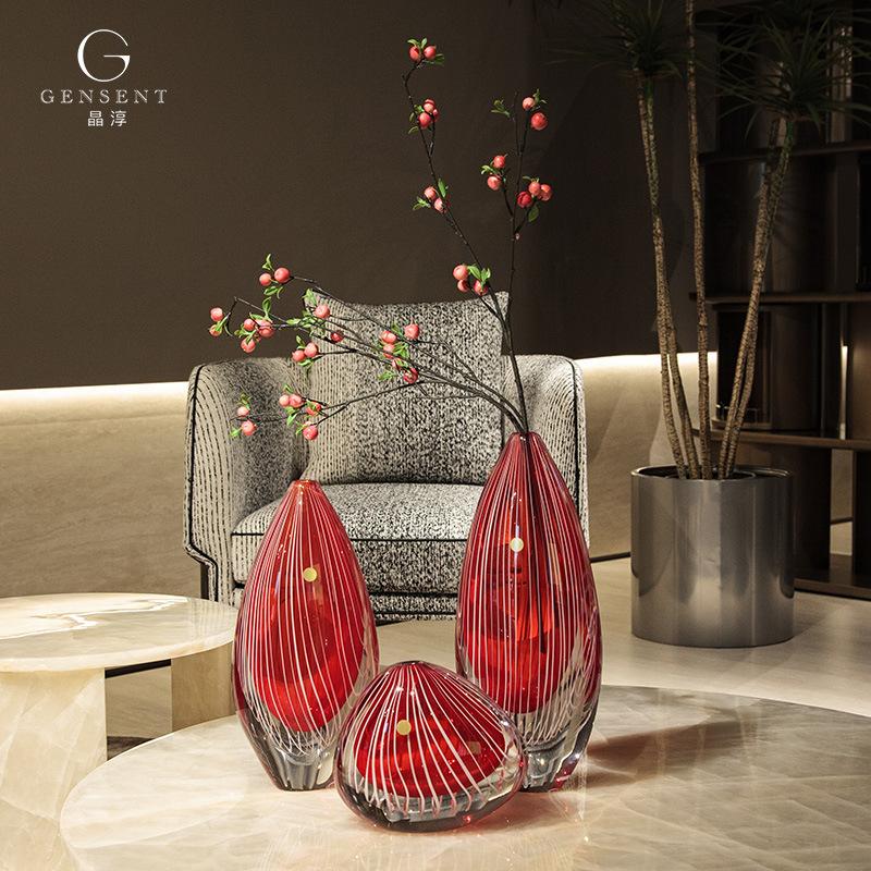 jingchun red thick crystal glass vase flower arrangement high sense french good-looking hydroponic flower pot dining table