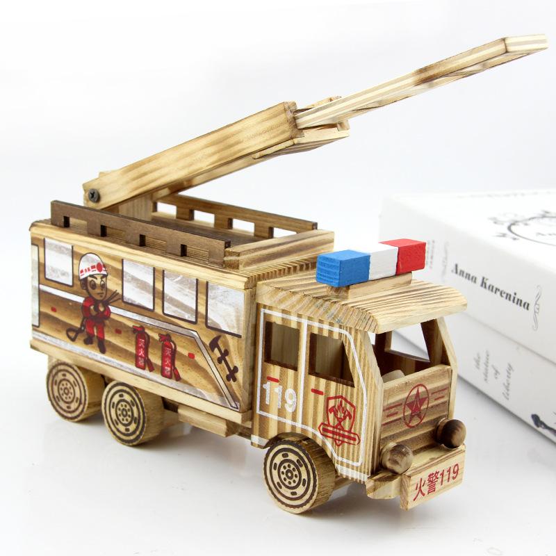 new wooden simulation mini fire truck toy car model fire truck toy decoration decorations wholesale