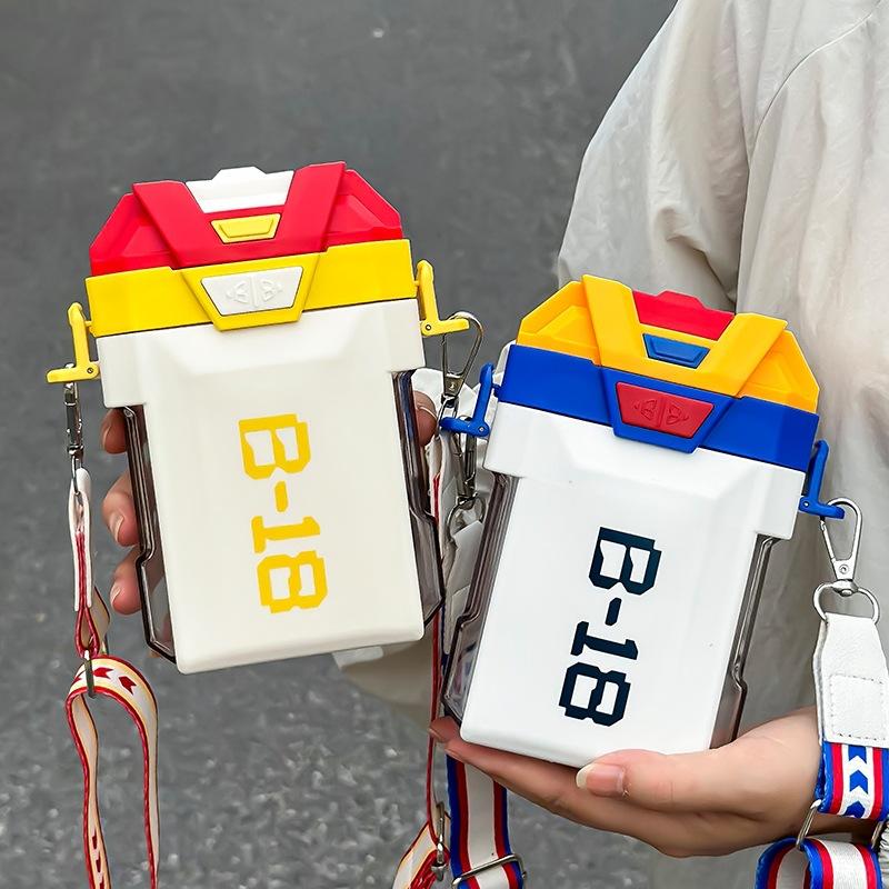 internet celebrity mecha kettle children's cups boy double drink cup summer primary school student straw cup special square for school