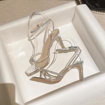 ladies heels fairy square head silver rhinestone thin diamond ankle-strap high heels all-match summer french cool