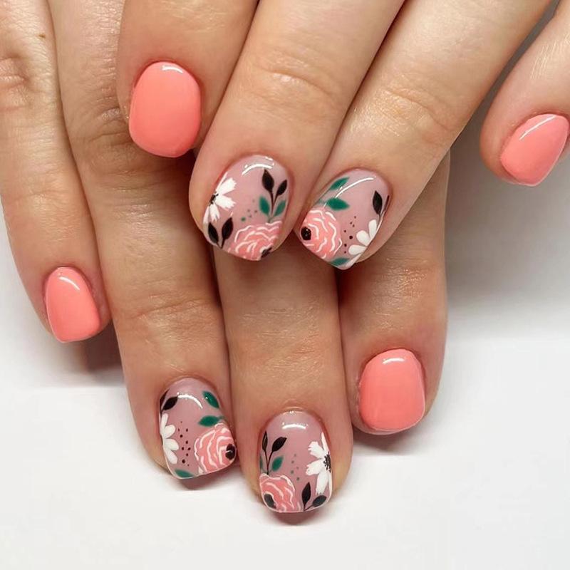 short vintage flower nail art gentle girl pure pink fake nails temperament commute flower wear nail nail sticker
