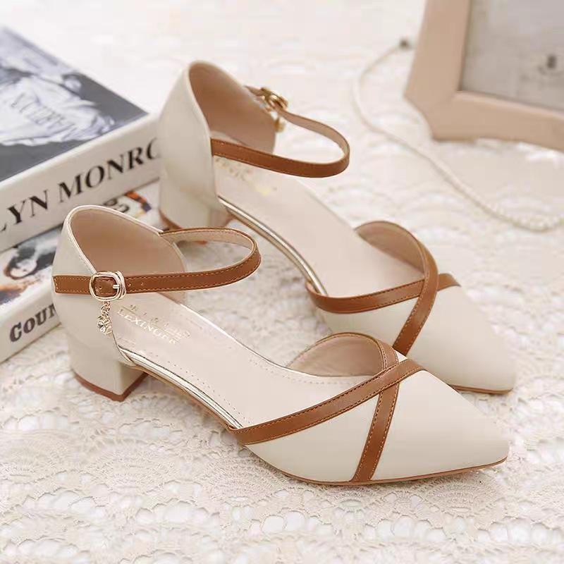 closed toe sandals for women spring and summer ladies new all-matching chunky heel buckle mid heel pointed toe shoes for women in stock wholesale