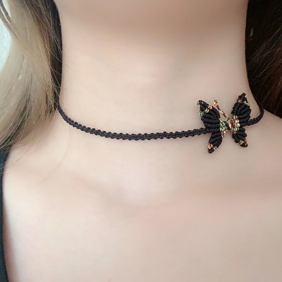 手工编织蝴蝶结颈链锁骨链女百搭短款项链脖子小花黑色小红花详情图4