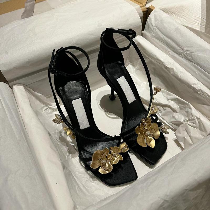 elegant lady of note golden orchid strap square toe high heel stiletto heel water drop heel fashion banquet everyday joker sandals women's shoes