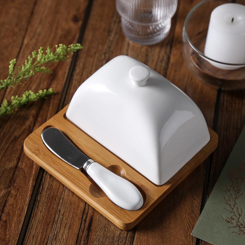 Cross-Border Supply Creative Butter Dish Set Bamboo Dish with Ceramic Cover Butter Knife Butterboat Western Cheese Box Set
