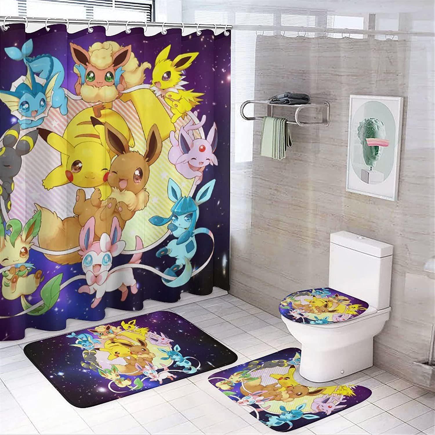 Pet Elf Shower Curtain Four-Piece Non-Slip Mat Toilet Mat Floor Mat Waterproof Shower Curtain Carpet Pokemon Shower Curtain