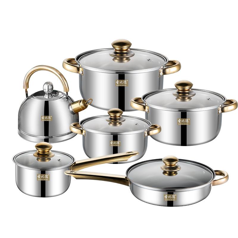 cross-border e-commerce pot set stainless steel pot 12-piece golden handle set non-stick frying pan kettle wholesale