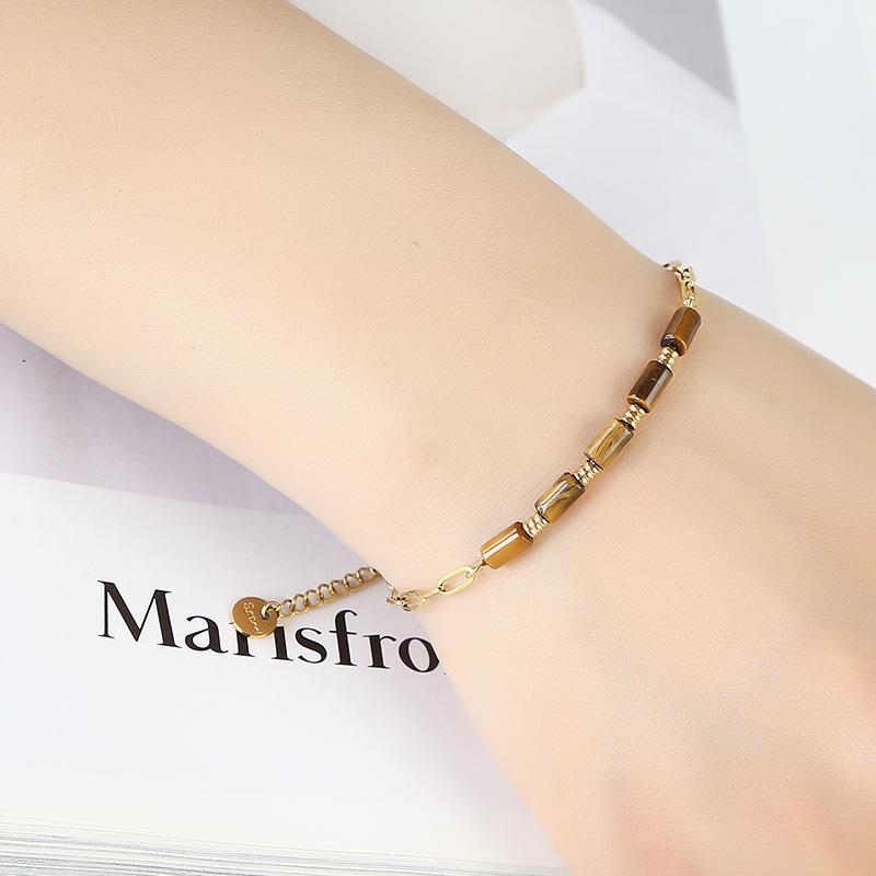 fashion stainless steel jewelry high quality waterproof 18k gold paper clip chain tiger eye lapis head beaded bracelet for women details Picture