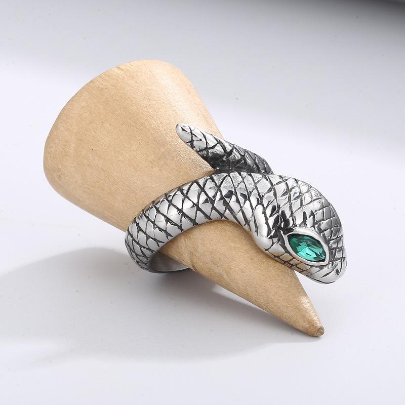 kalen stainless steel jewelry set vintage green eye snake ring double-headed snake open bracelet men's suit details Picture