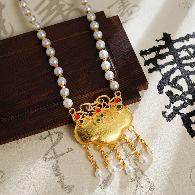 national style accessories tassel pearl ruyi safety lock necklace women's fashion niche essence zhibei bead necklace accessories jewellery