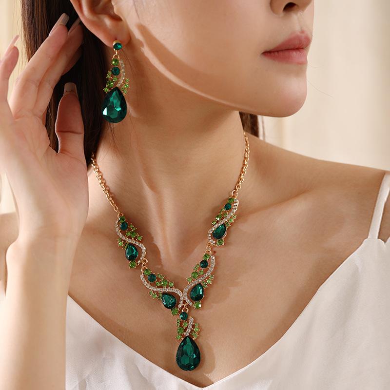 temu hot sale banquet emerald water drop necklace and earrings suite women's high-grade cross-border jewelry accessories jewellery
