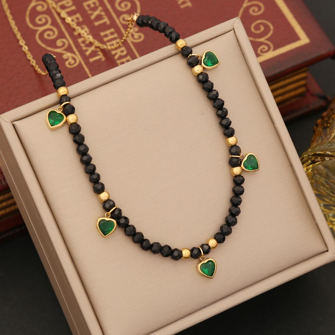 Cross-Border New Arrival Ornament Emerald Love Stainless Steel Jewelry Set Crystal Necklace Clavicle Chain N1198 details Picture