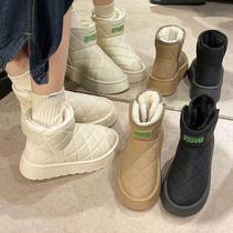 women's platform snow boots short boots 2024 winter leather fleece lined padded warm keeping bread boots one pedal cotton shoes