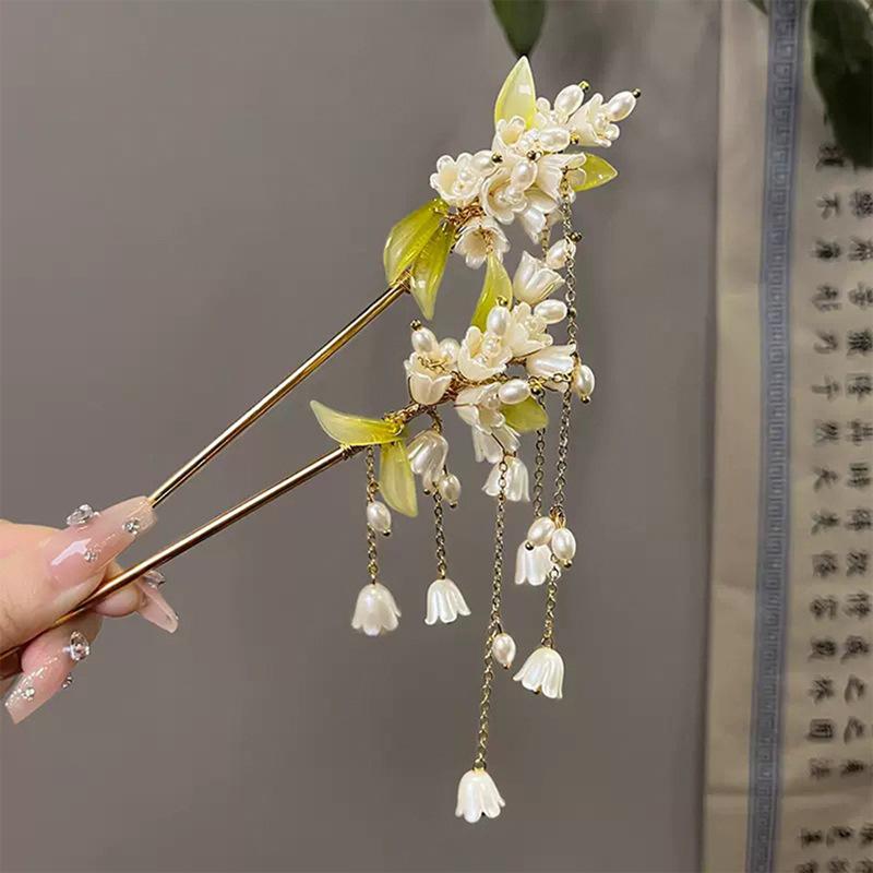 long moon emming same pearl linglan flower leaf tassel hairpin temperament updo hair clasp elegant hair accessories wholesale