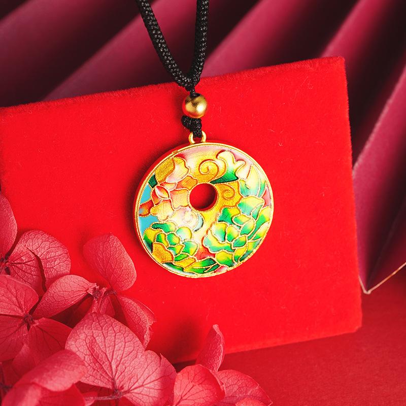 alluvial gold enamel colorful oil necklace flower pattern ring necklace pendant new chinese retro style accessories jewellery wholesale