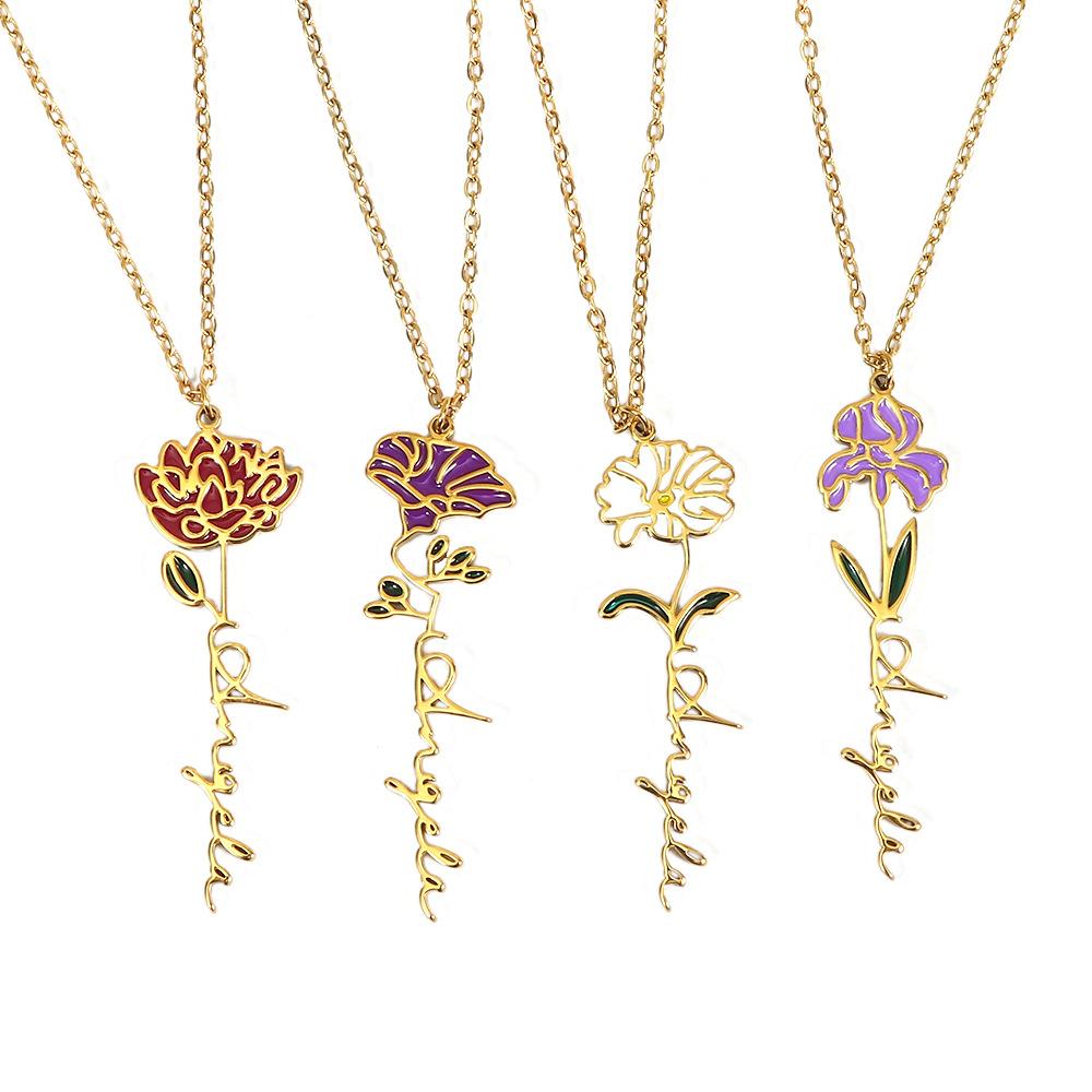 personalized birthday flower necklace stainless steel jewelry december flower colors necklace gift ornament factory direct sales wholesale details Picture