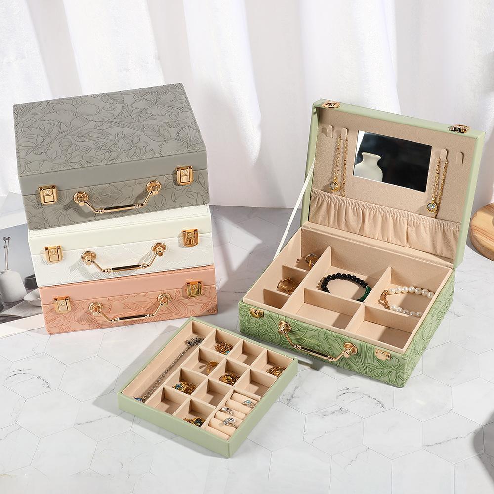 double layer leather jewellery box portable and versatile portable gift box plant printing large capacity ornament storage box