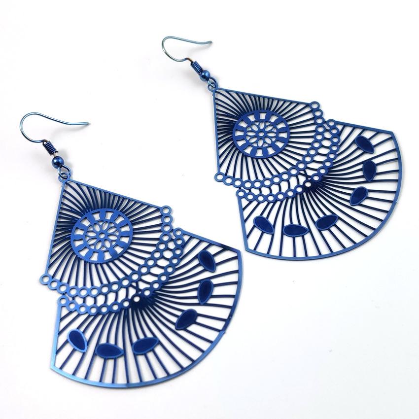 colorful fan-shaped earrings new european and american fashion retro earrings computer piece earrings stainless steel jewelry hollow color retaining details Picture