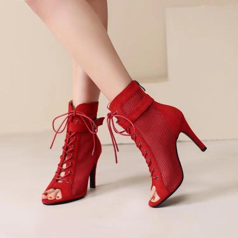 Large Size Foreign Trade Fashion Sandals Sexy Mesh Hollow out Sandal Boots Belt Buckle Lace-up Peep Toe High Heels Party