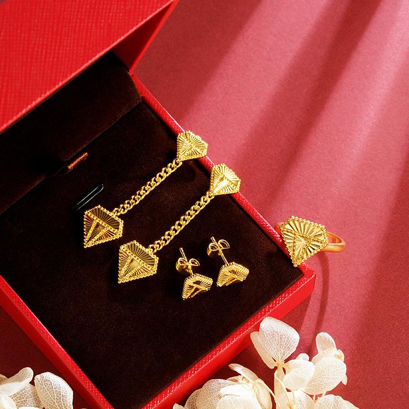 new alluvial gold diamond-shaped ring female niche high-grade light luxury ins style fashion accessories jewellery accessories set