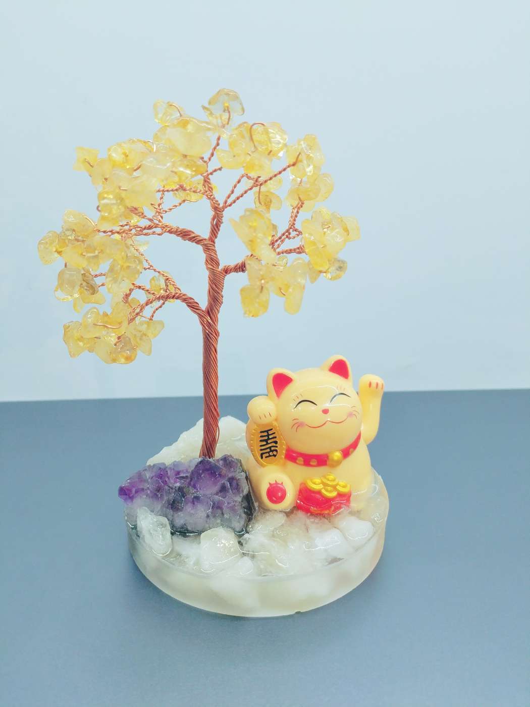 天然水晶原石招财猫水晶树
