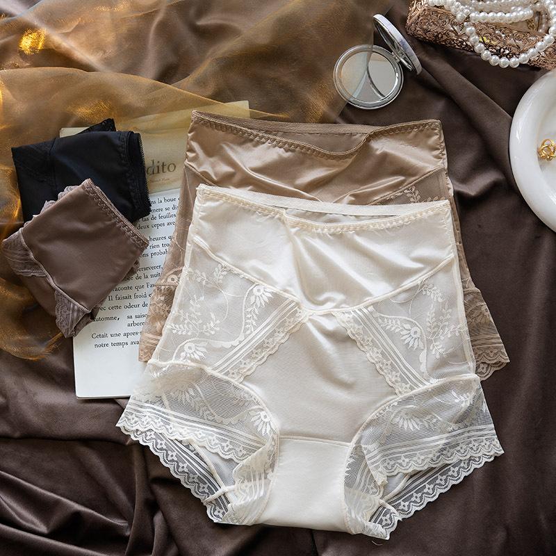 meizhai underwear women's high waist shaping cotton crotch seamless ice silk satin lace briefs
