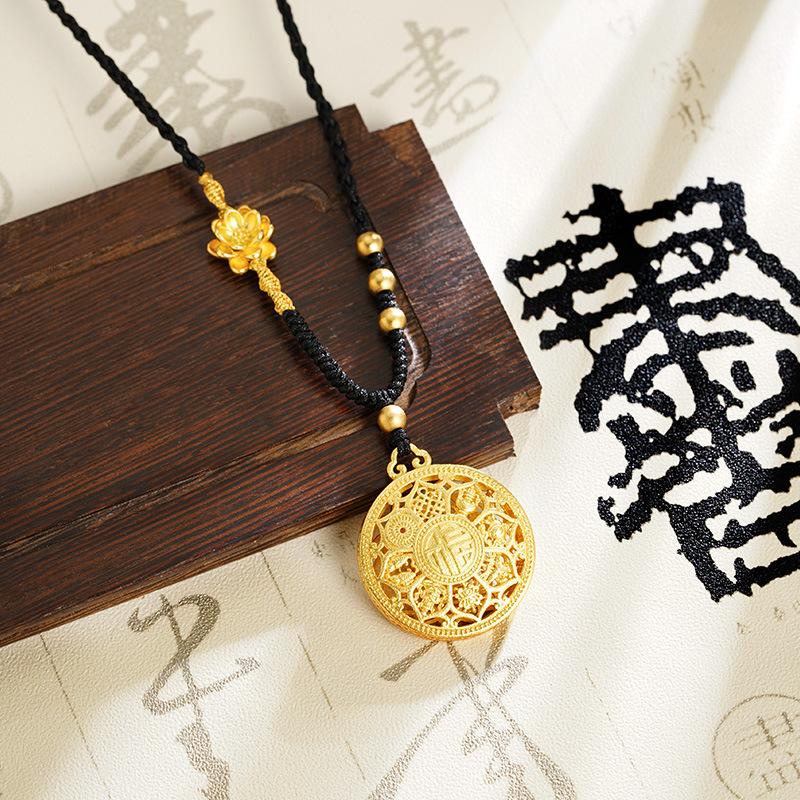 hollow eight treasure compass alluvial gold necklace retro chinese style exquisite light luxury high-grade fu character lotus accessories jewellery