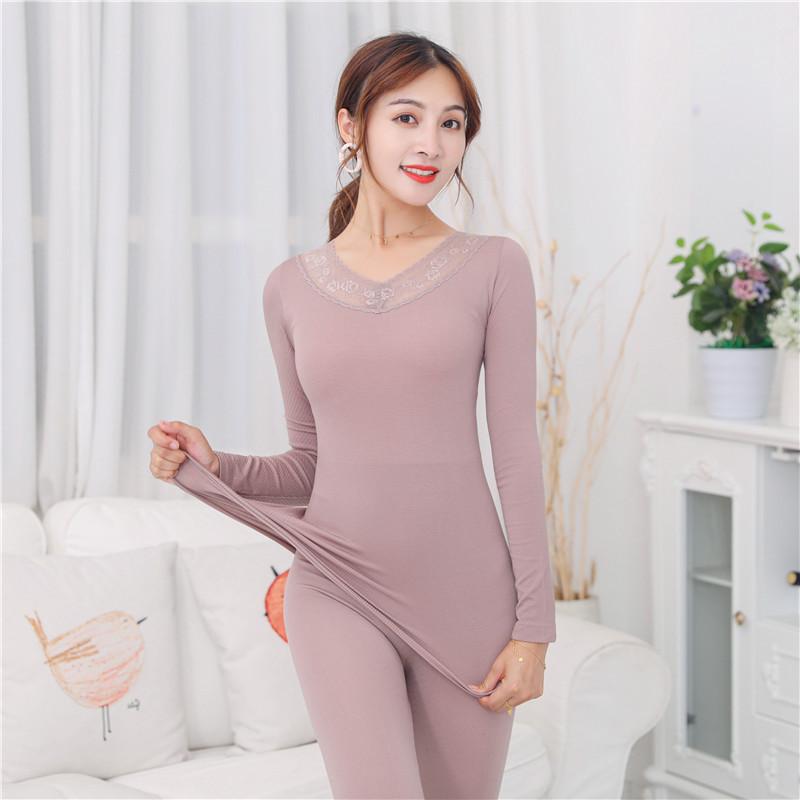 factory express v-neck embroidery lace body shaping underwear autumn suit women's thermal underwear set
