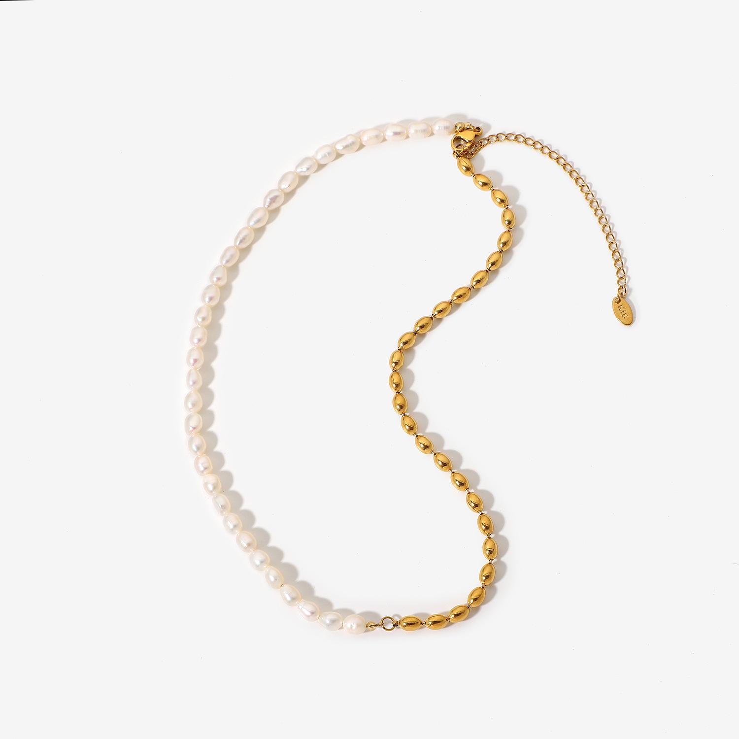 european and american ins half freshwater pearl half 18k plated golden balls ball simple stainless steel jewelry choker popular ornament women Item Picture