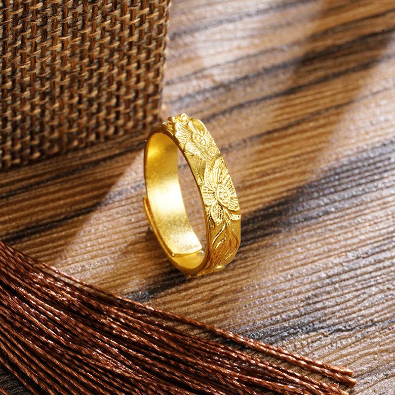 alluvial gold open ring fashion temperament entry lux design retro style lotus pattern accessories jewellery factory direct supply