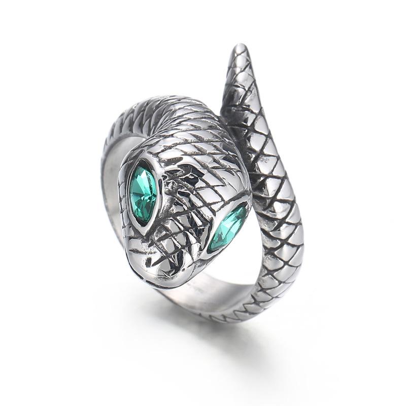 kalen stainless steel jewelry set vintage green eye snake ring double-headed snake open bracelet men's suit Item Picture