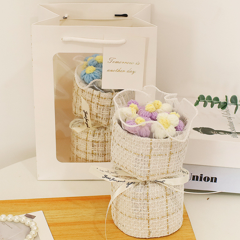 手工毛线针织工艺品  家居装饰摆设 创意礼品毕业礼物针织迷你毛线花束仿真泡芙小香风生日礼物