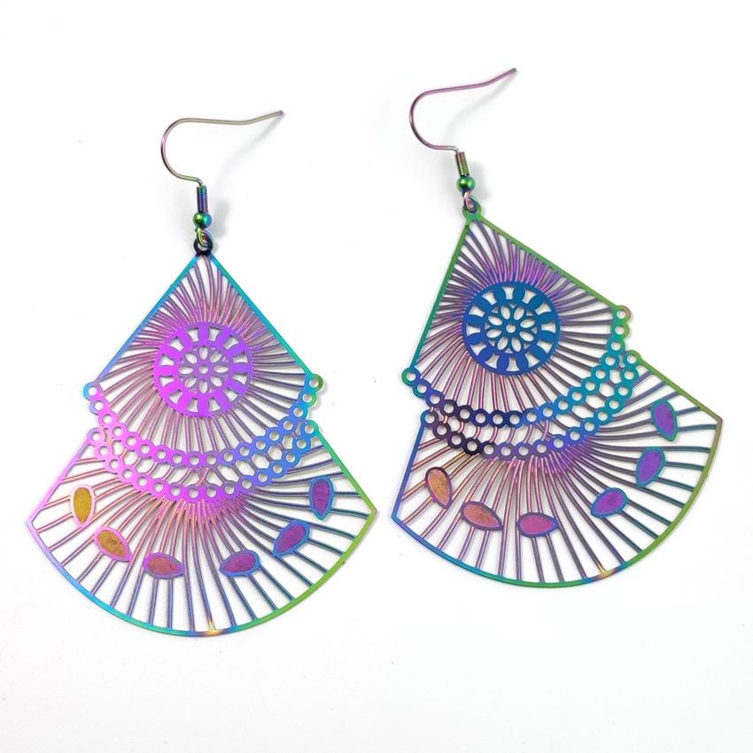 colorful fan-shaped earrings new european and american fashion retro earrings computer piece earrings stainless steel jewelry hollow color retaining Item Picture