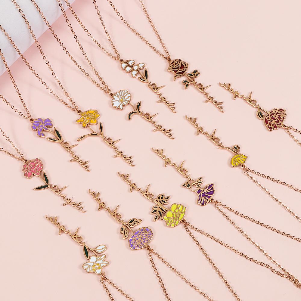 personalized birthday flower necklace stainless steel jewelry december flower colors necklace gift ornament factory direct sales wholesale Specification drawing