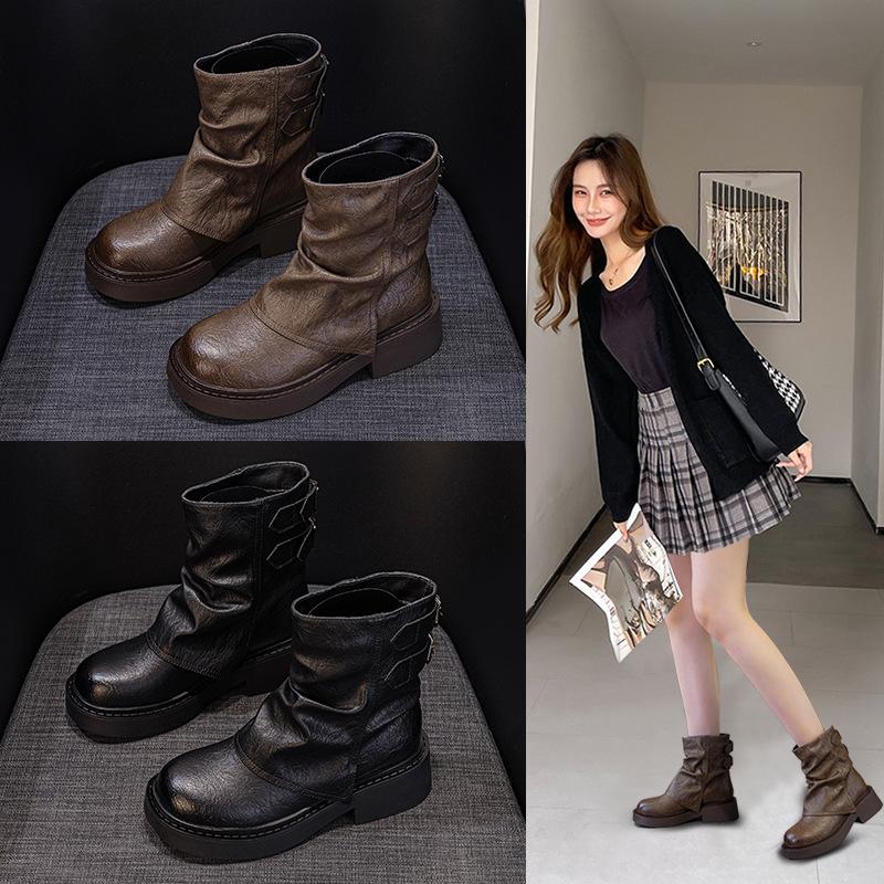 british style short boots women's 2024 new autumn and winter pleated knight boots thick bottom pants boots women pile style school boots