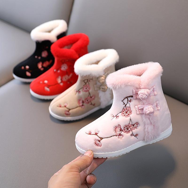 winter fleece-lined girls' han chinese costume shoes embroidered shoes boots children princess new year greeting shoes old beijing cloth shoes snow boots