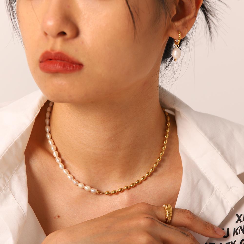 european and american ins half freshwater pearl half 18k plated golden balls ball simple stainless steel jewelry choker popular ornament women full figure