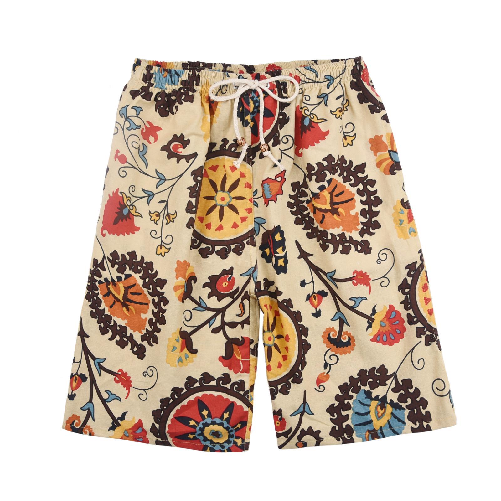 Manufacturer Cotton and Linen Printed Cropped Pants Men's Shorts Beach Pants Casual Sports Loose plus Size