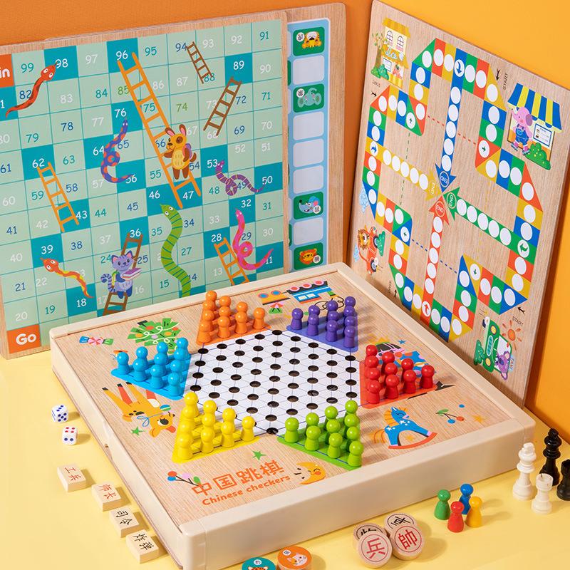 ten-in-one multifunctional game chess checkers aeroplane chess five-in-a-row animal checker children's student education wooden toys
