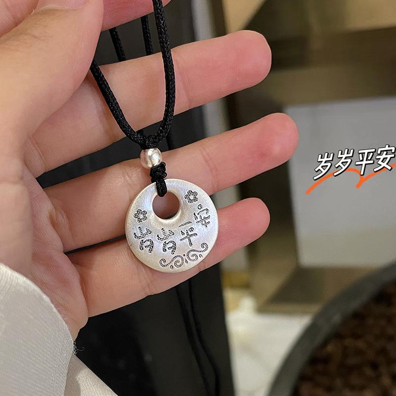 safe and sound all year round solid genuine goods 999 pure silver necklace women's lucky words safety buckle pendant black rope sterling silver necklace for men and women