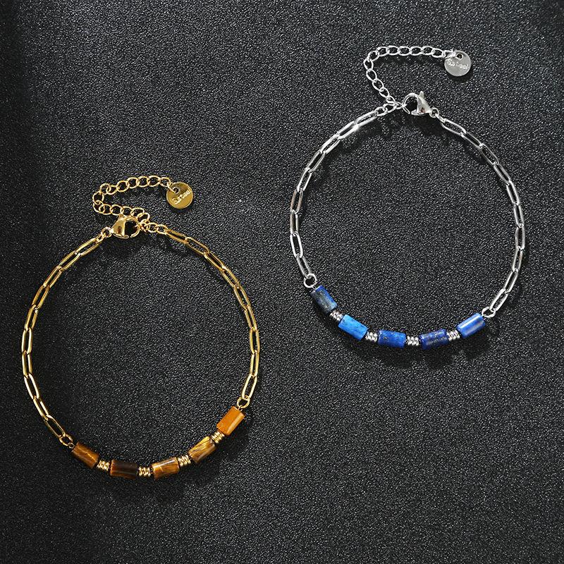 fashion stainless steel jewelry high quality waterproof 18k gold paper clip chain tiger eye lapis head beaded bracelet for women Specification drawing