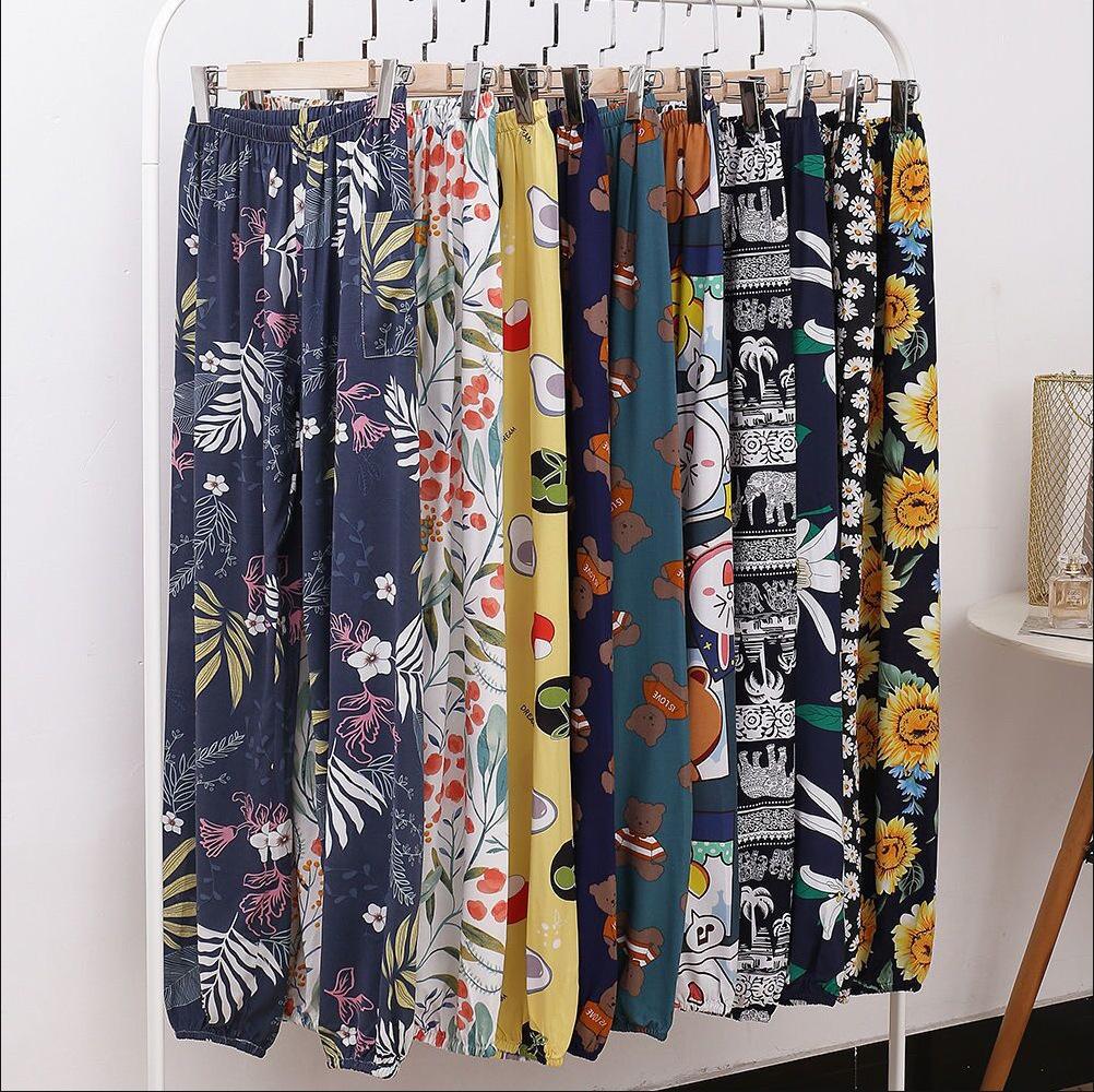 summer women's cotton silk bloomers adult mosquito-proof pants beach pants artificial cotton casual loose cotton silk ankle-tied pajama pants