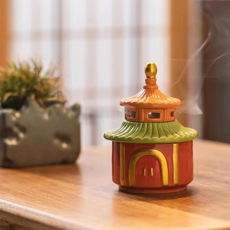 High-End Antique Home Ceramic Temple of Heaven with Lid Prayer Hall Incense Burner Incense Burner Incense Coil Burner Home