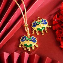 ancient style alluvial gold burnt blue lotus lock of good wishes necklace female bell tassel chain chinese style jewellery accessories wholesale