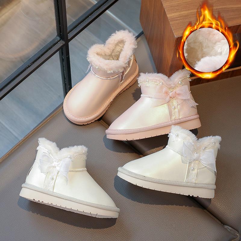 fleece-lined thickened children's ugg 2024 winter new baby girl pearl bow warm booties princess boots