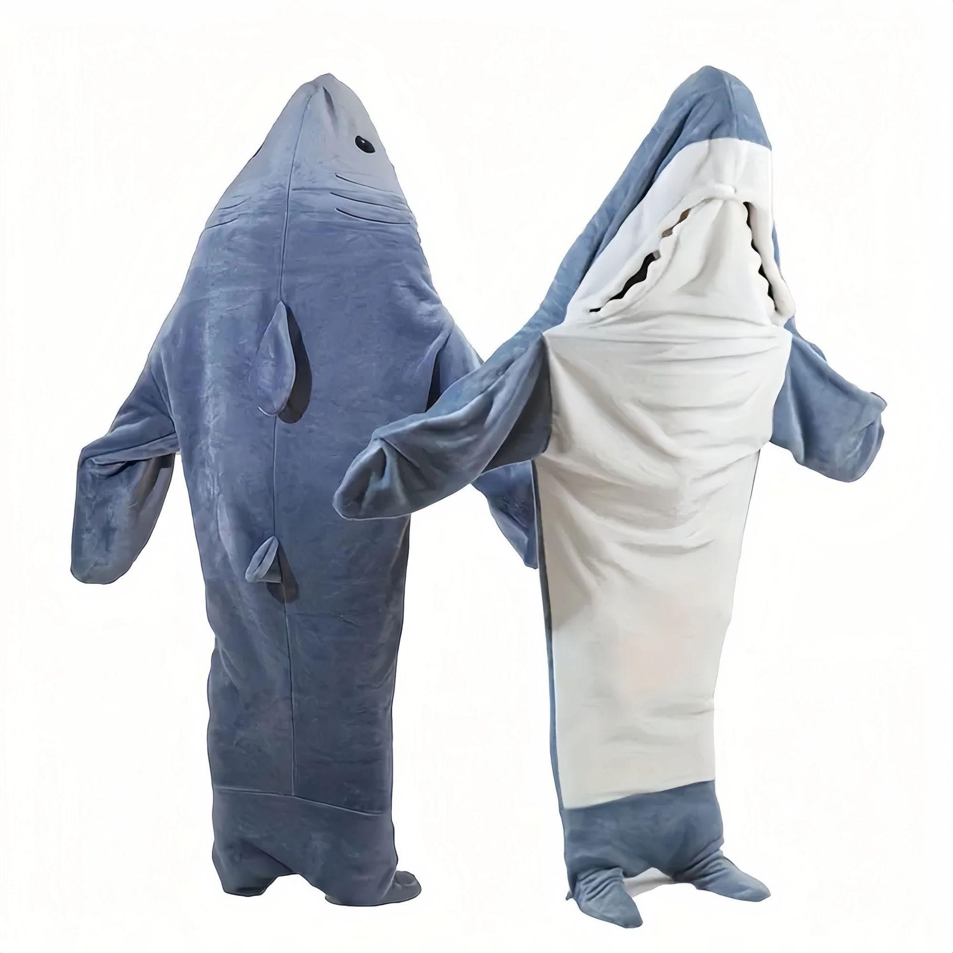 cross-border cartoon sand carving shark sleeping bag one-piece pajamas flannel shark home wear one-piece shark sleeping bag autumn and winter