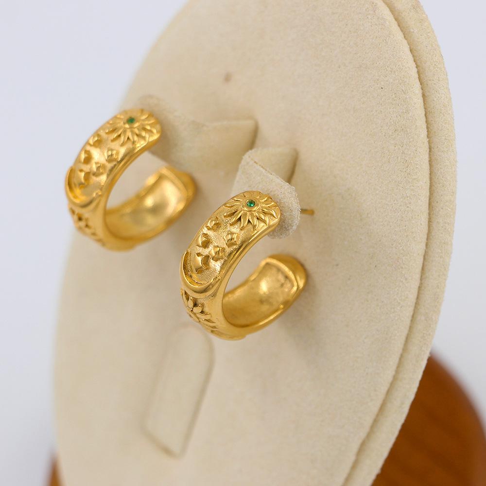 Fashion Minimalist Stainless Steel Jewelry Embossed Moon Sun XINGX Cubic Zirconia C- Shaped Earrings 18K Gold Plated Women