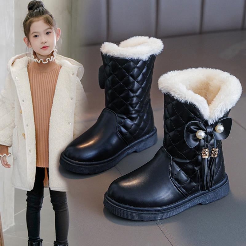 children's snow boots girls' boots winter 2024 new fleece-lined warm middle boots medium and large children girls thick cotton boots