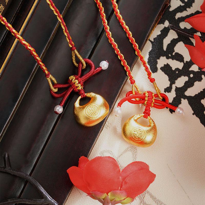 ancient style alluvial gold fat fu character necklace female new chinese fashion temperament pearl tiny bow braid rope accessories jewellery