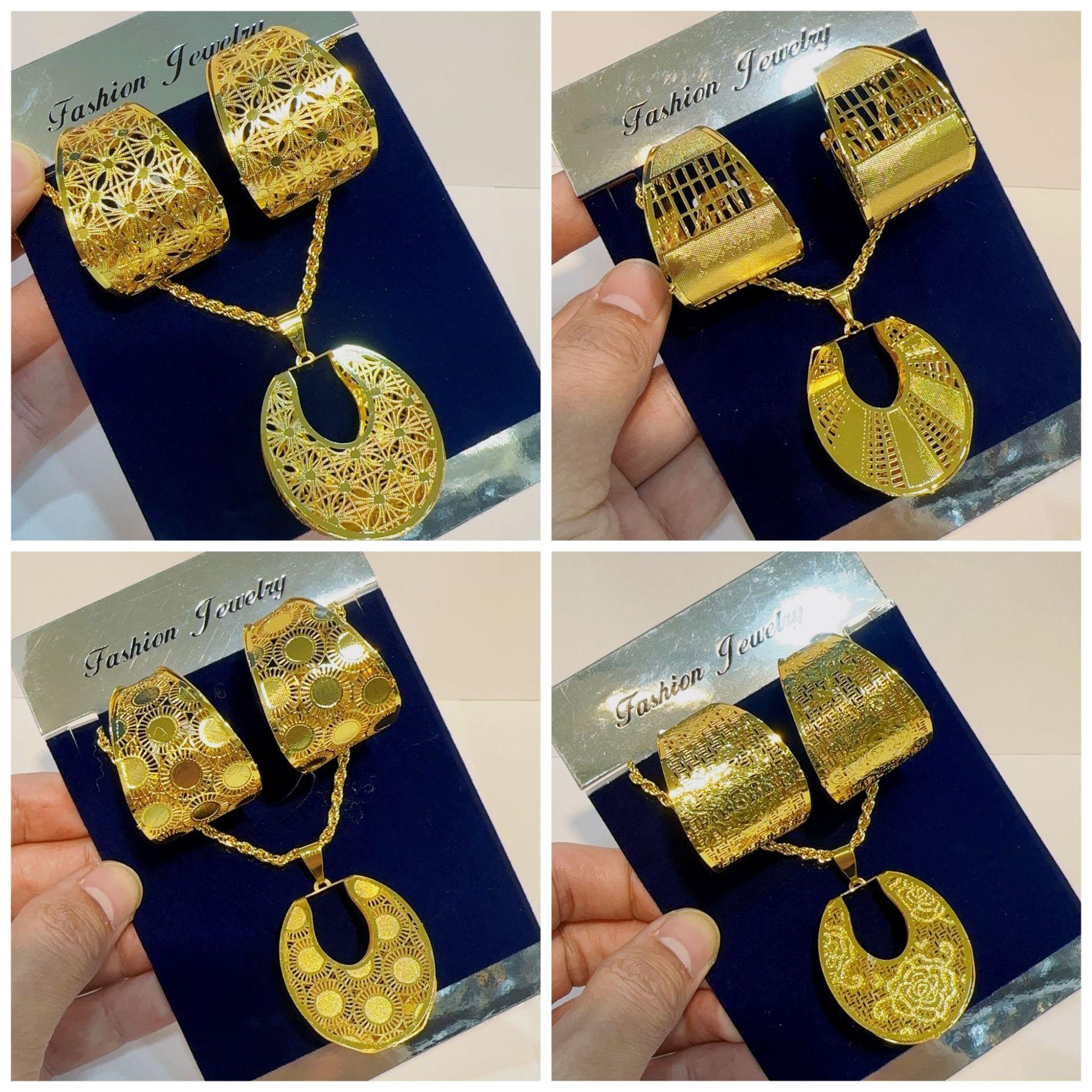 dubai 24k gold bridal accessories jewellery suit african middle east women necklace pendant and earrings set suit in stock
